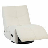 Relaxfauteuil met uitklapbare voetensteun, crèmewitte stof, zwarte onderconstructie.