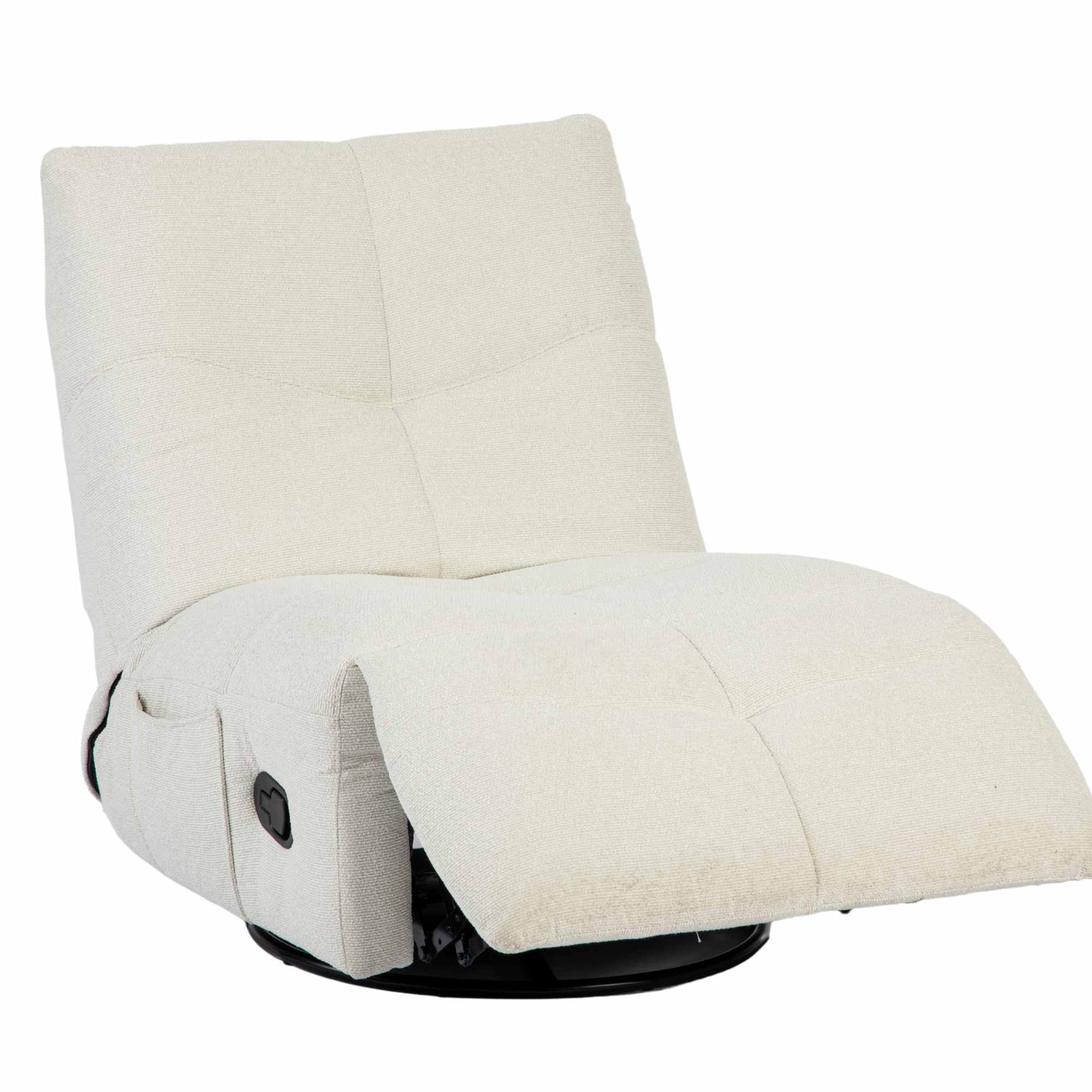 Relaxfauteuil met uitklapbare voetensteun, crèmewitte stof, zwarte onderconstructie.