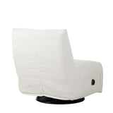 Witte relaxfauteuil met hoge rugleuning en ronde zwarte voet, gestoffeerd.