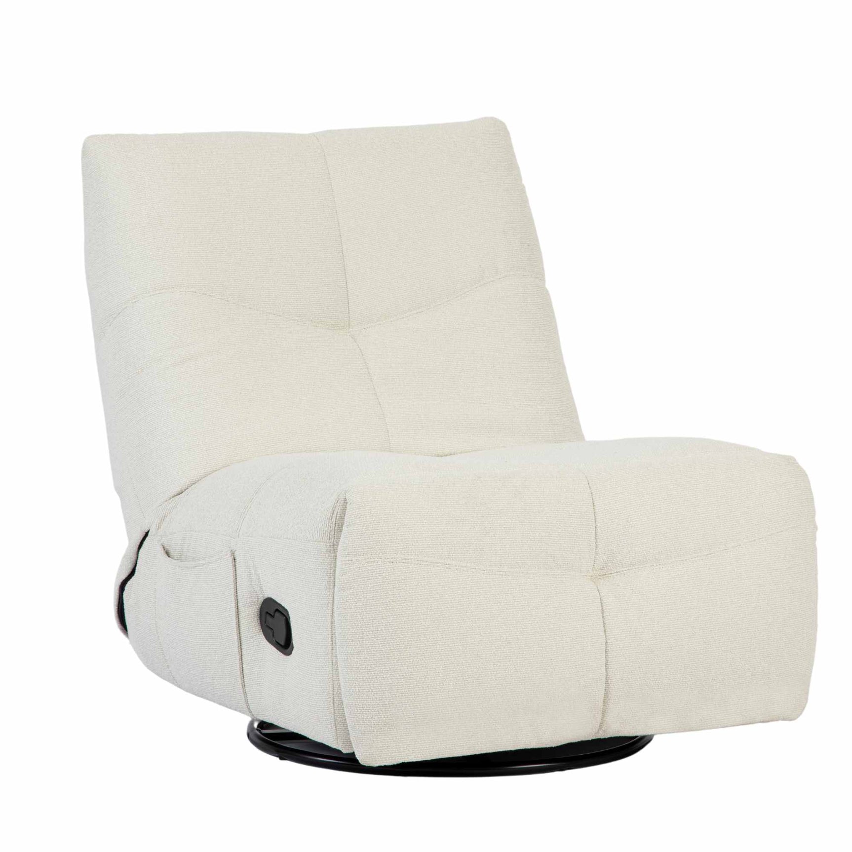 Relaxfauteuil naturel zijaanzicht met armleuningknop en gestikte naden op zitvlak