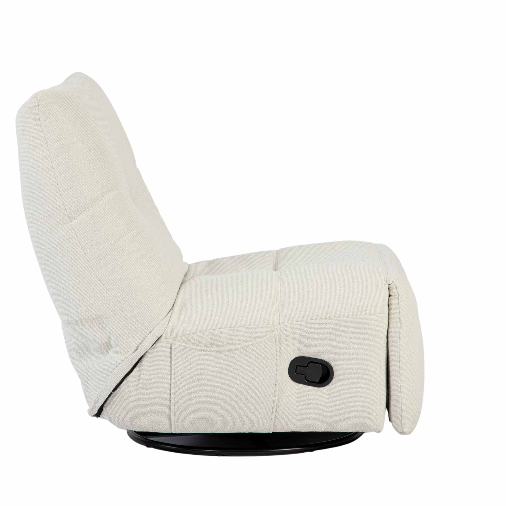 Relaxfauteuil naturel zijaanzicht met zwarte ronde onderstelbasis en knopbediening