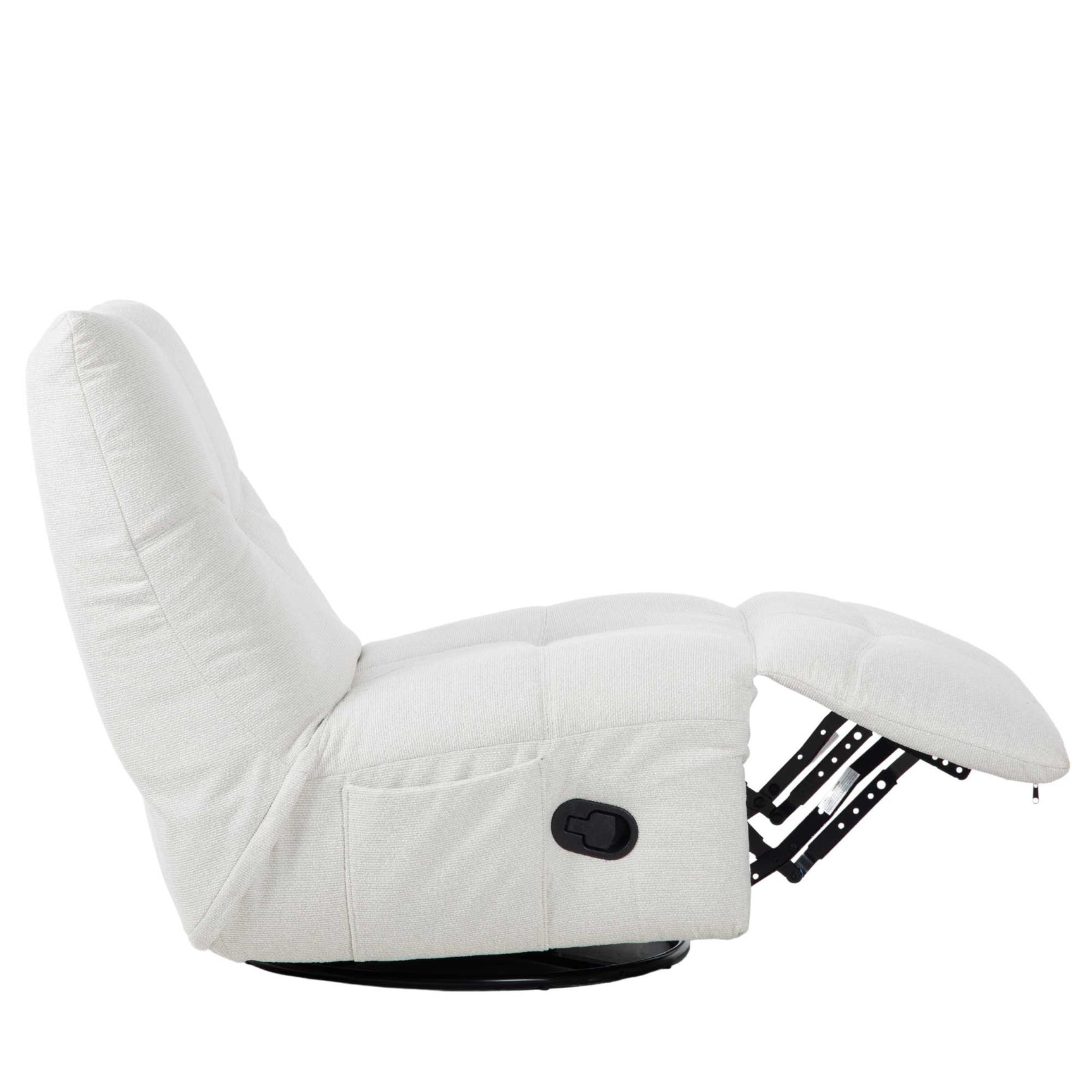 Lichtgekleurde relaxfauteuil met zijaanzicht, zwarte knop en uitgeschoven voetensteun