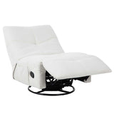 Lichtgekleurde relaxfauteuil in ligstand met voetensteun en ronde metalen basis
