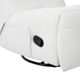 Lichtgekleurde relaxfauteuil met close-up van zwarte bediening op de armleuning