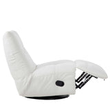 Witte relaxfauteuil in ligstand met zwarte bedienknop en zichtbare onderconstructie.