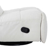 Witte relaxfauteuil: close-up van zwarte bedienknop op de zijarm en armleuning.