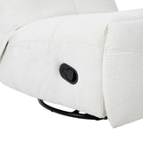 Witte relaxfauteuil: close-up van zwarte bedienknop en gestoffeerde arm met voet.