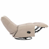 Taupe relaxfauteuil in half-ligstand, gestoffeerde armleuningen en zwart draaiplateau