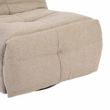 Taupe relaxfauteuil detail van arm en zitting, zichtbare naden en zwarte onderrand