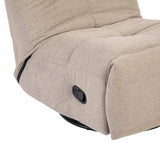 Taupe relaxfauteuil met zwarte bedieningsknop op het zijpaneel en verstelbare zitting