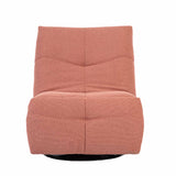 Roze relaxfauteuil aan de voorzijde met hoge rug en ronde basis.