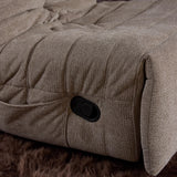 Taupe relaxfauteuil met zwarte bedieningsknop en gestoffeerde zijkant