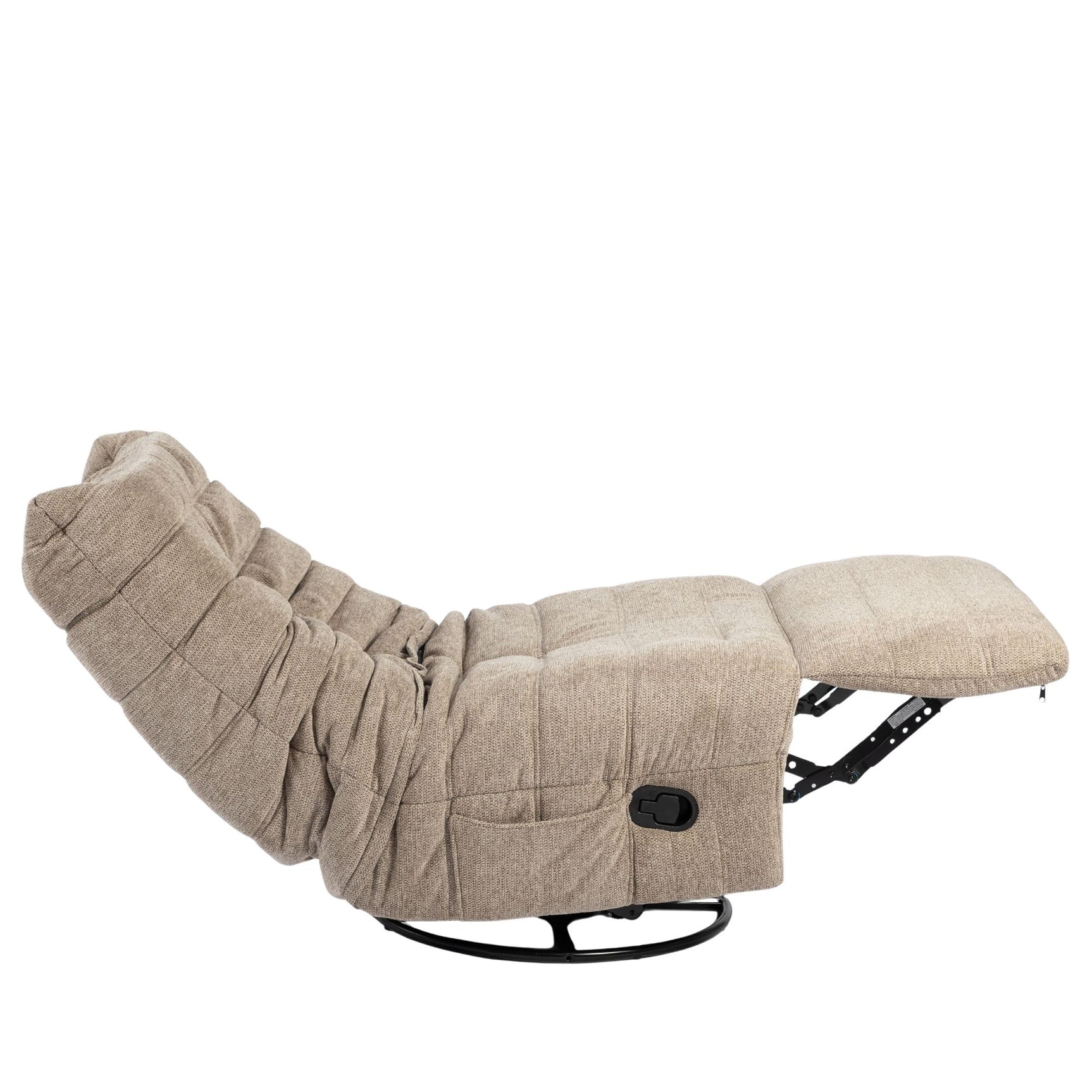 Taupe relaxfauteuil met opengeklapte zithoek en voetensteun