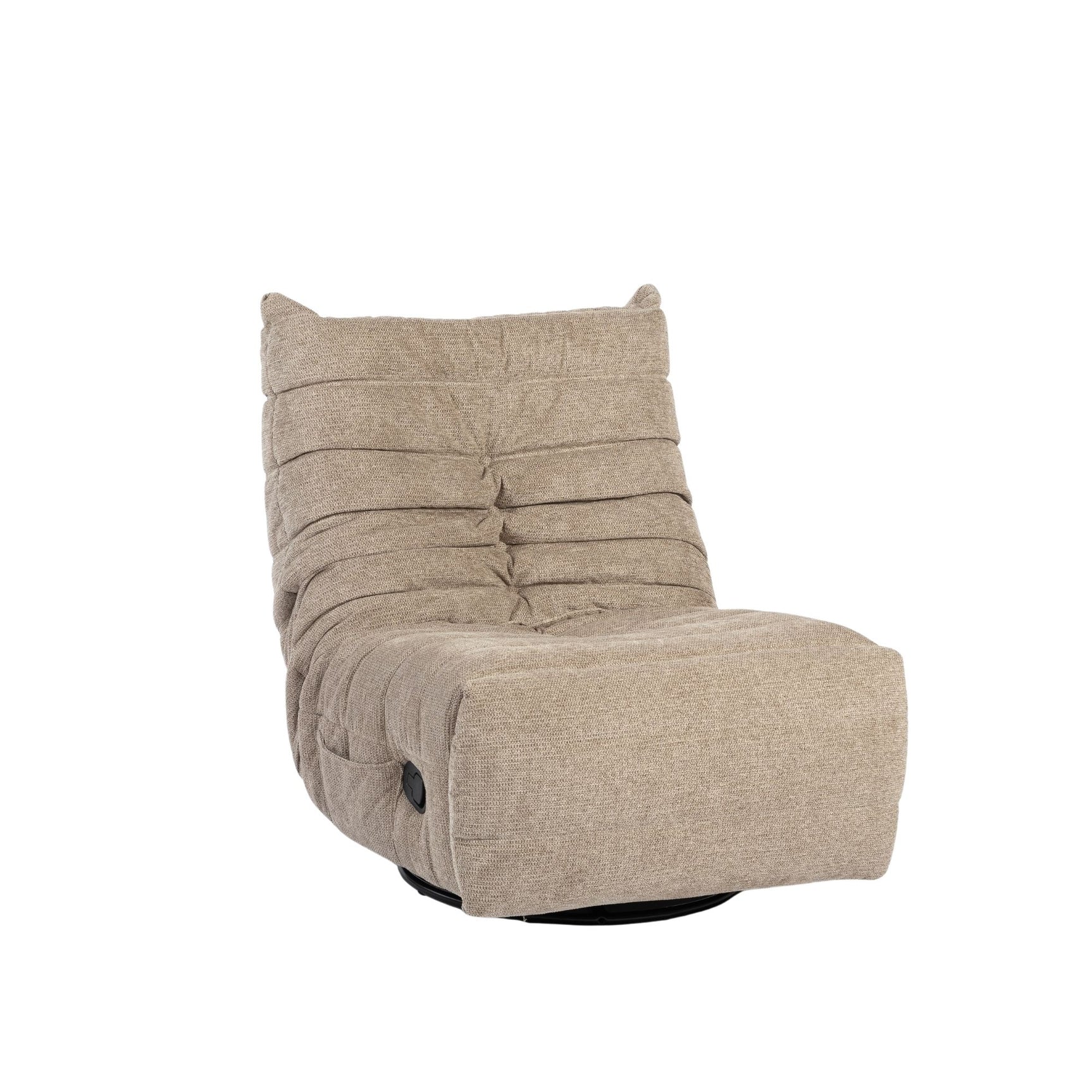 Taupe relaxfauteuil in open stand met voetensteun en zwarte onderconstructie