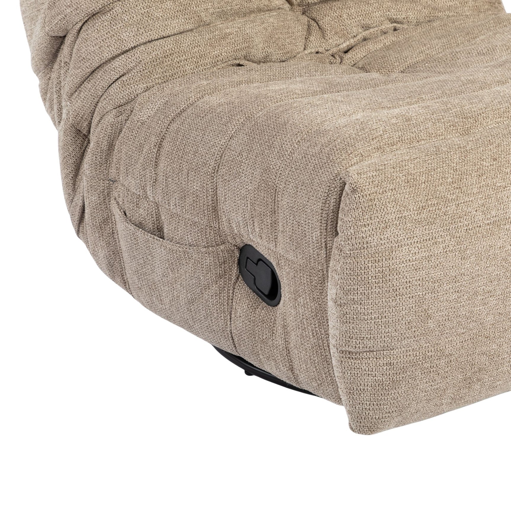 Taupe relaxfauteuil met bedieningspaneel op armleuning en zwarte ondervoet