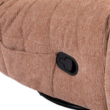 Zwarte bedieningsknop op de armleuning van een roze relaxfauteuil, close-up.