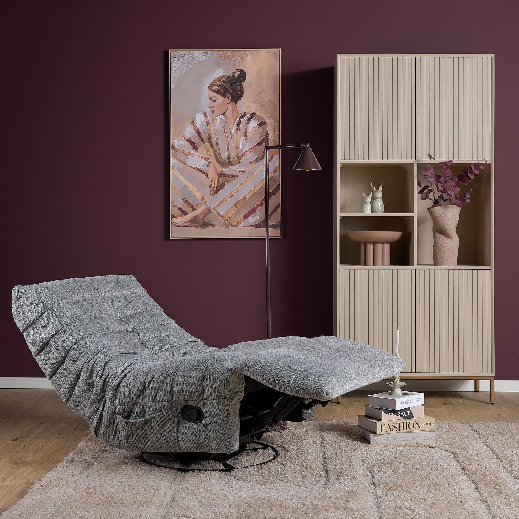 Grijze relaxfauteuil met opklapbare voetsteun en stoffen bekleding