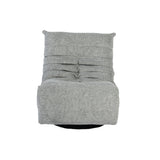 Grijze relaxfauteuil rugzijde met gestikte banen, zwarte onderstelring.