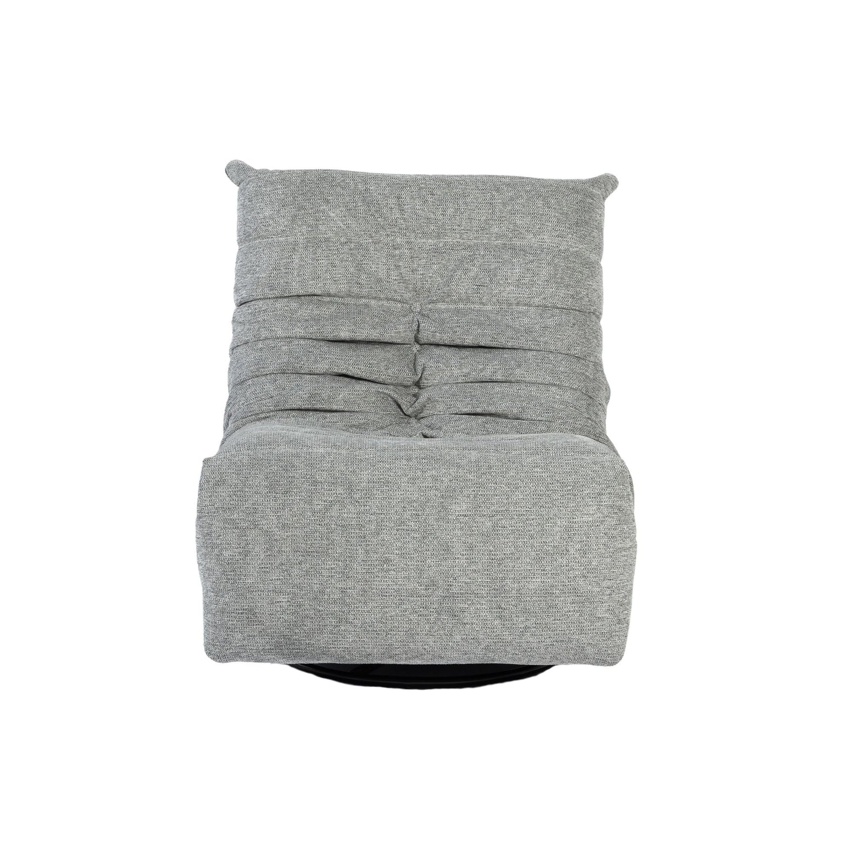 Grijze relaxfauteuil rugzijde met gestikte banen, zwarte onderstelring.