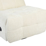 Gebroken witte voetensteun en zijkant van relaxfauteuil met doorlopende stiknaden.