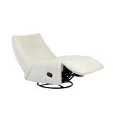Gebroken witte relaxfauteuil met uitgeschoven voetensteun en zwarte bedieningsknop.