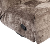 klei-kleurige relaxfauteuil met zwarte bedieningsknop aan zijkant en bekleding