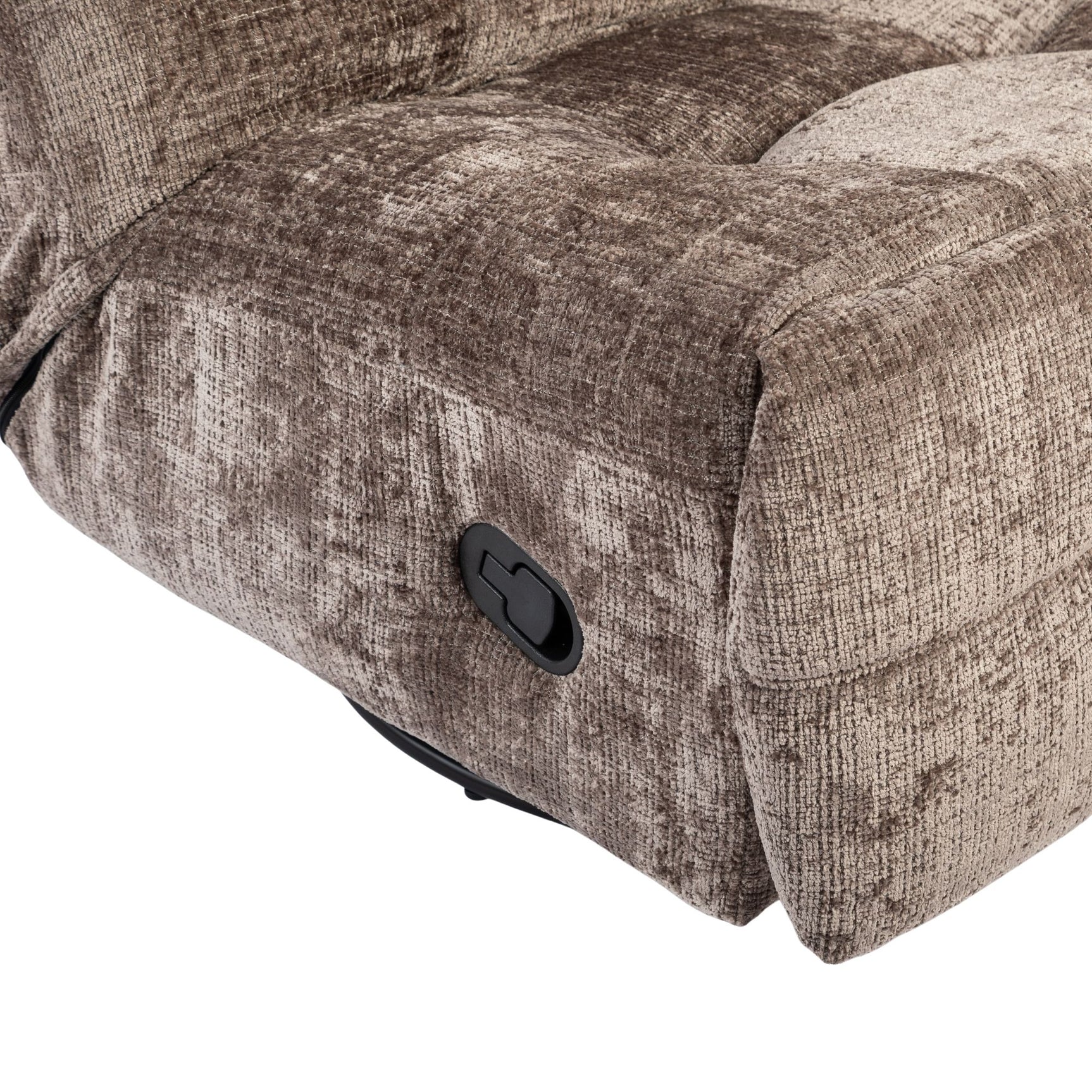 klei-kleurige relaxfauteuil met zwarte bedieningsknop aan zijkant en bekleding