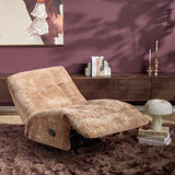Kaneel relaxfauteuil in beige stof met openliggende voetensteun, armleuning in zijaanzicht