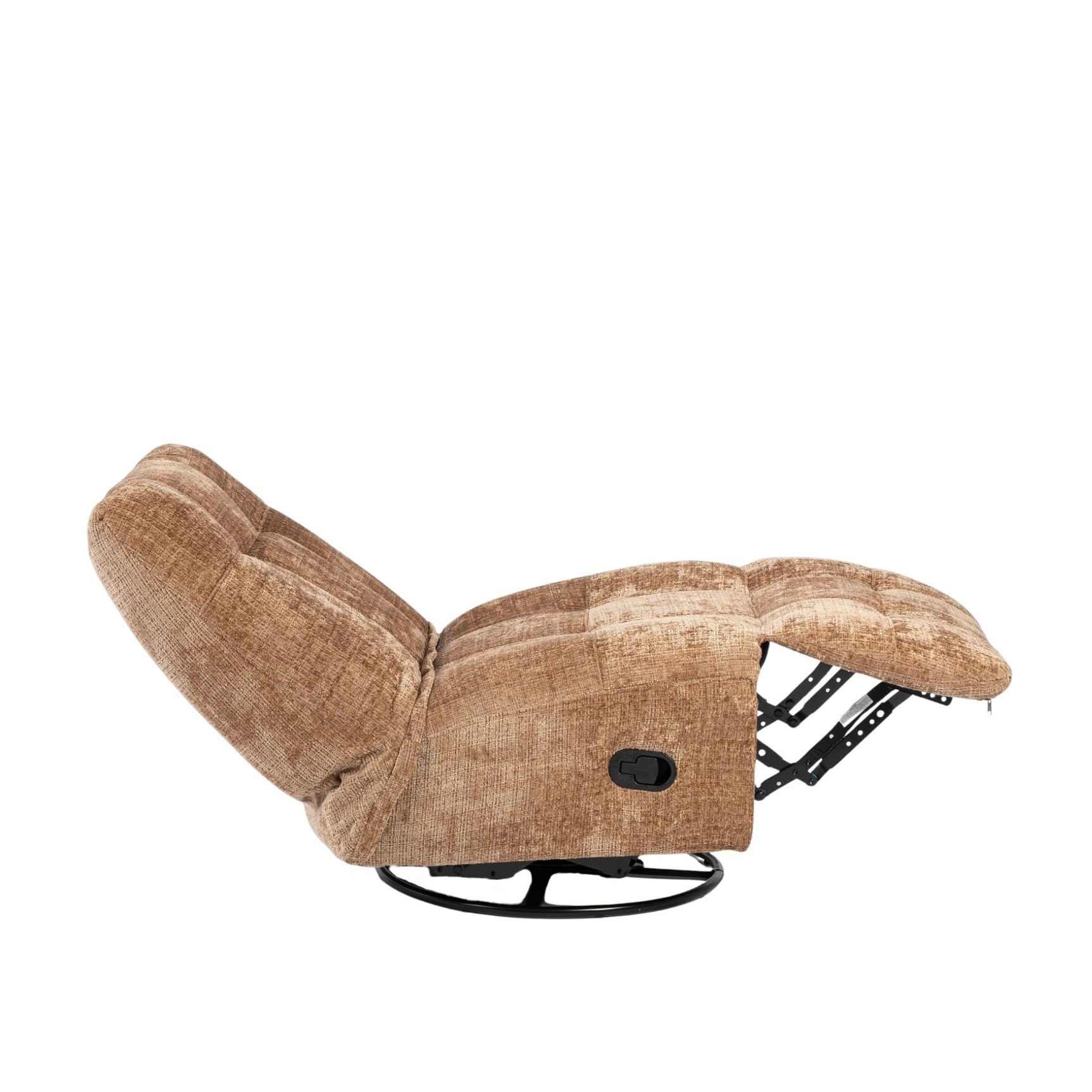 kaneelkleurige relaxfauteuil in relaxstand met draaivoet en gestoffeerde zijkant