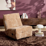 Kaneel relaxfauteuil in beige stof met brede armleuningen en opklapbare voetensteun