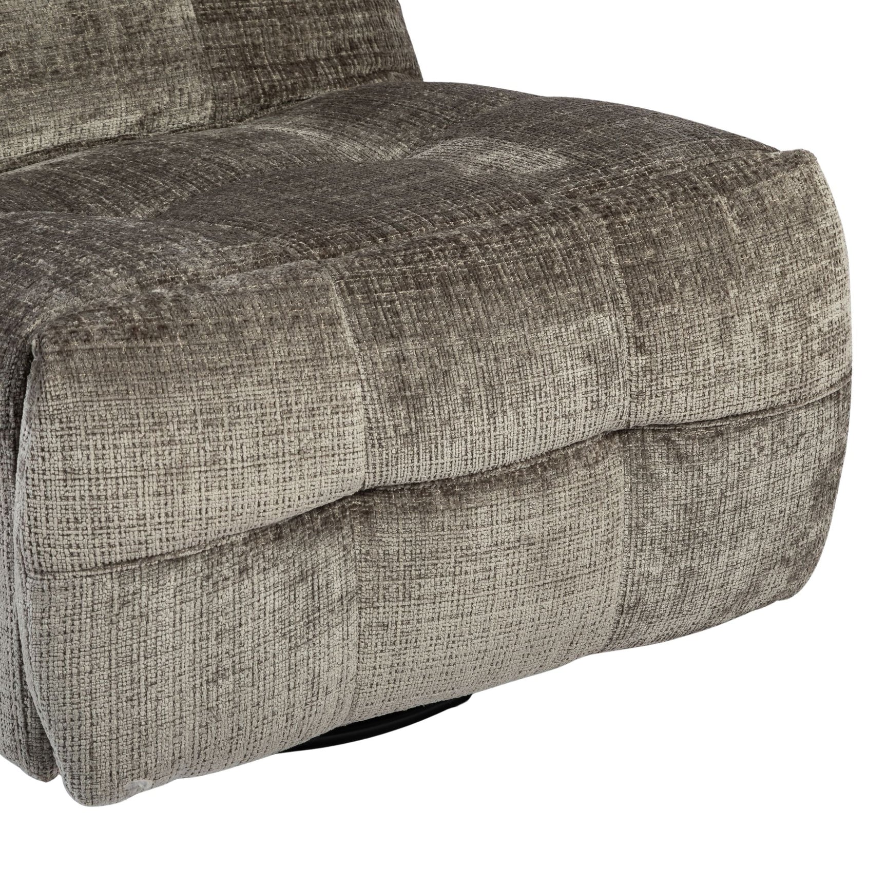 Grijze fauteuilarm met weefpatroon en afgeronde vorm, gestoffeerde zijkant
