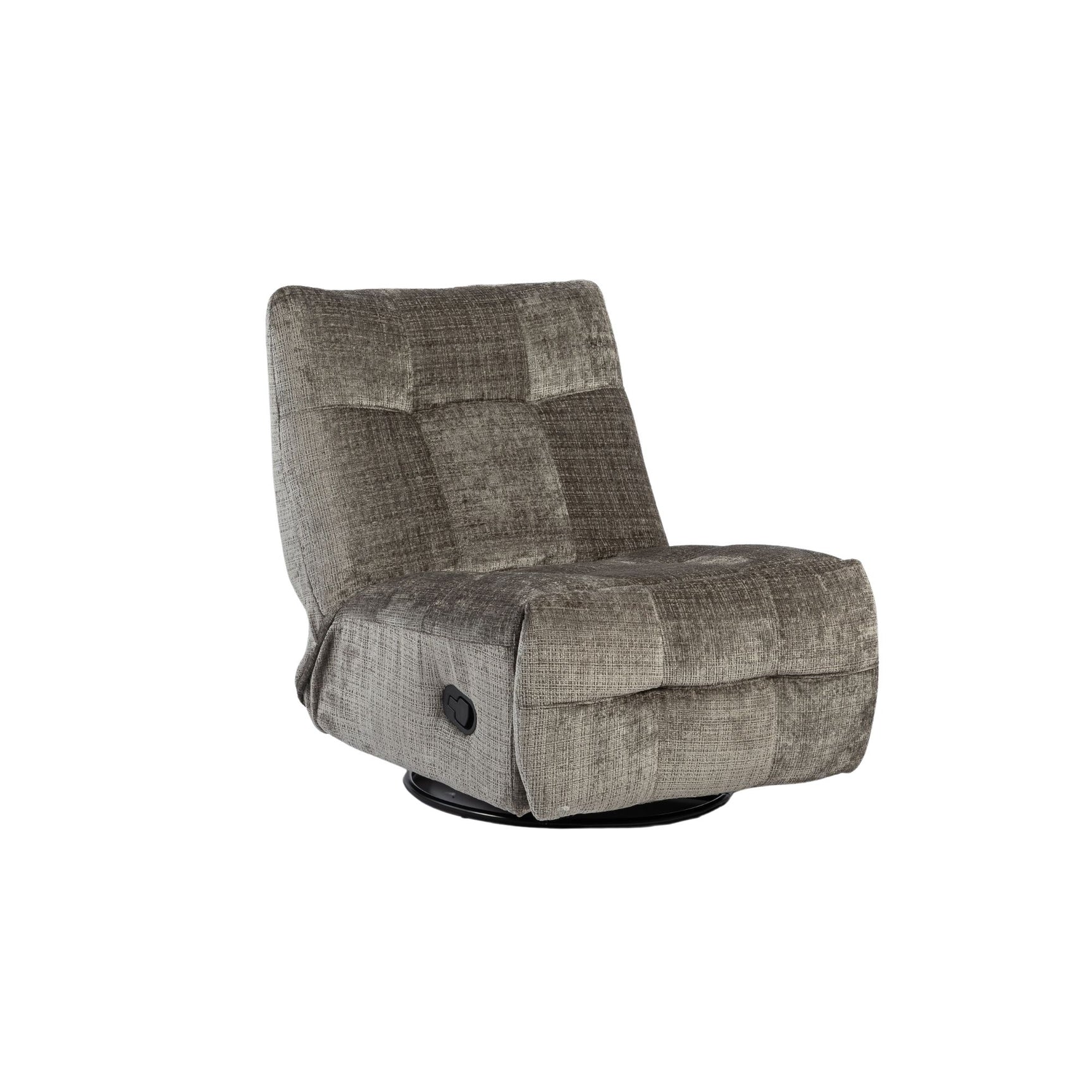 Grijze relaxfauteuil met opklapbare rug en uitgeschoven voetensteun, gestoffeerd weefstof