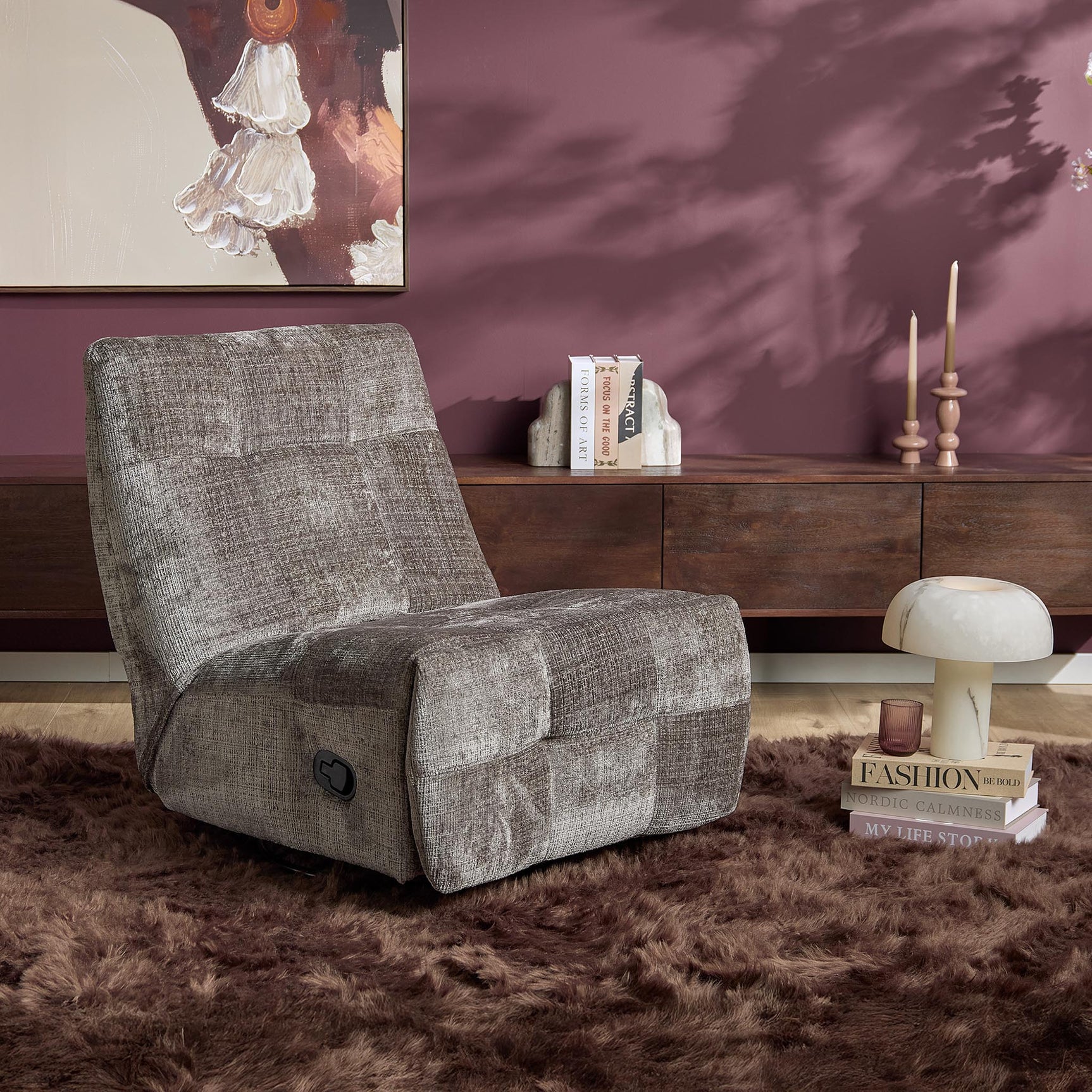 Grijze relaxfauteuil met voetensteun en opklapbare rug, gestoffeerd in fijn geweven stof