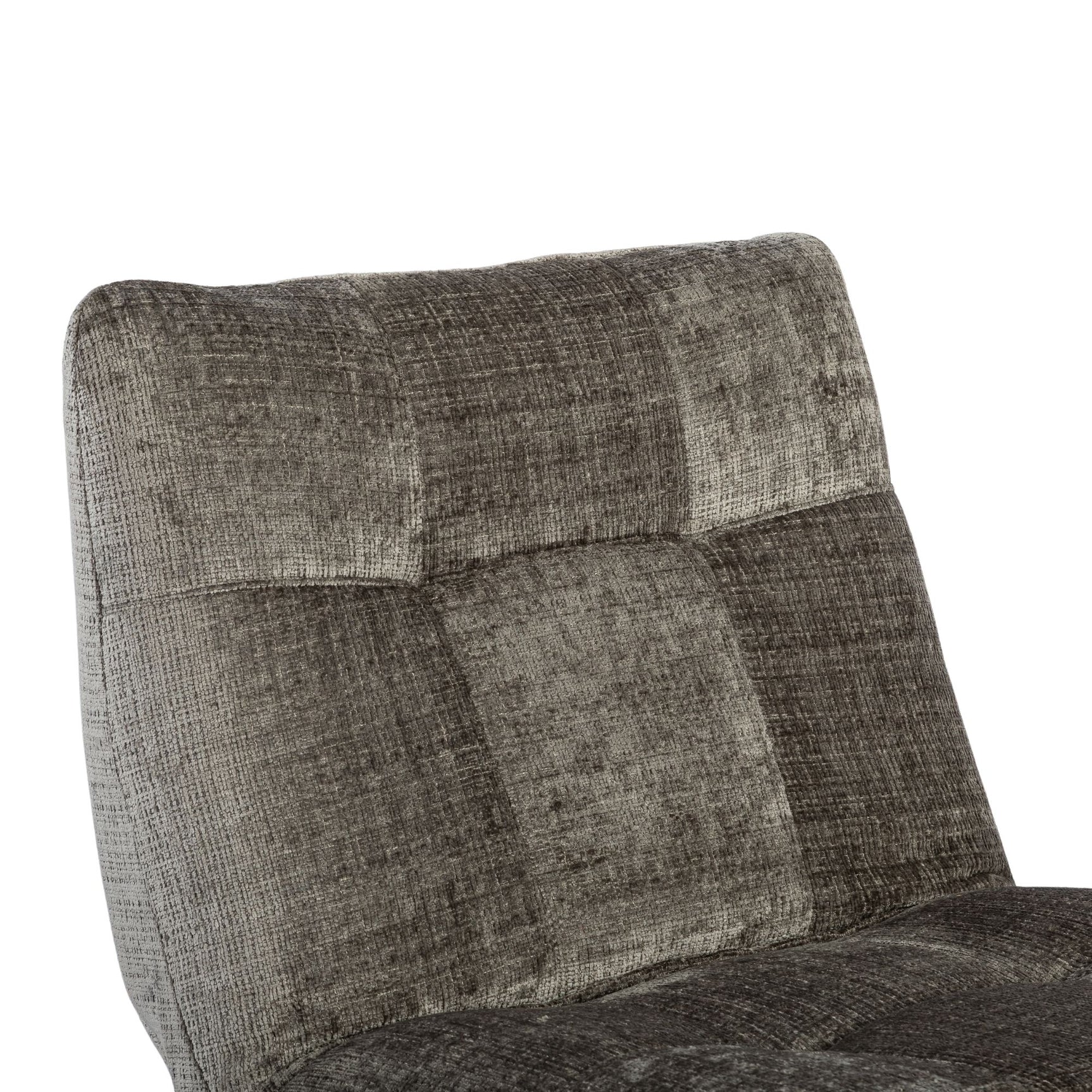 Grijze fauteuilrug met vierkante stiksels en weeftextuur, hoge rugleuning