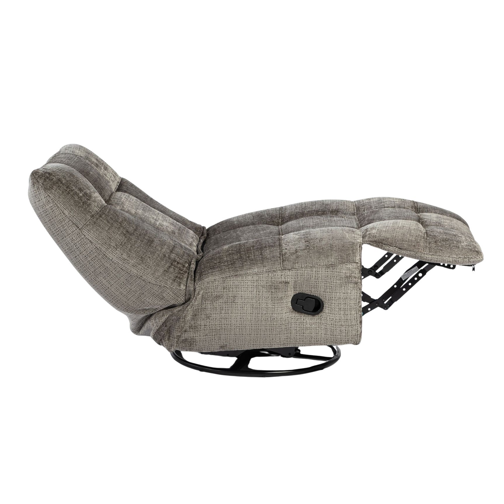 Grijze relaxfauteuil met uitgeklapte voetensteun, zichtbare zwarte metalen aandrijving
