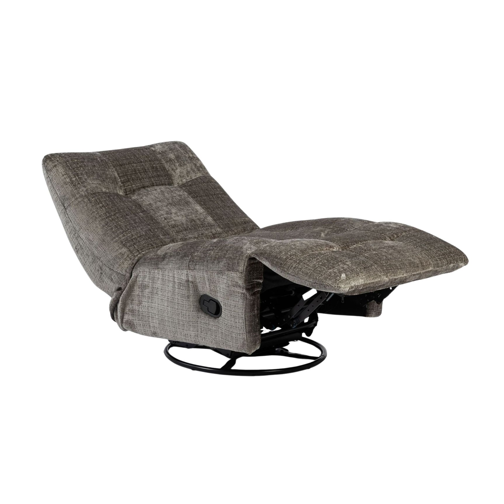 Grijze relaxfauteuil met uitgeklapte voetensteun en zwarte metalen voetbasis