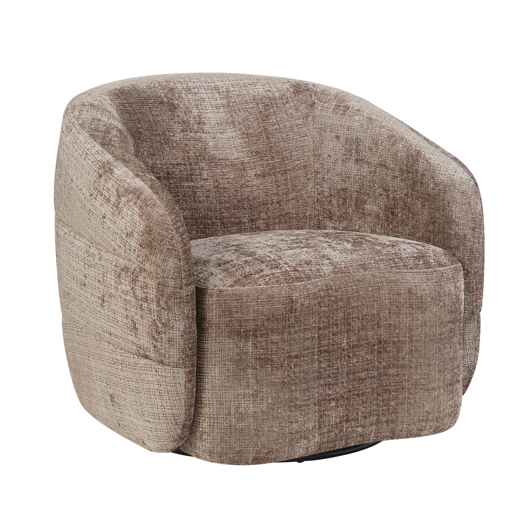 Fauteuil Yara van beige, geweven stof met ronde armleuningen en lage, brede zitting