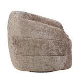 Fauteuil Yara met beige bekleding, afgeronde vormen en lage, brede armzijde