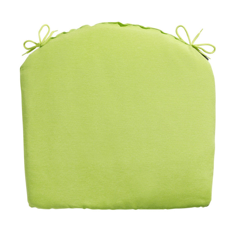 Groene zitkussen met strikslussen aan de hoeken, afgeronde vorm