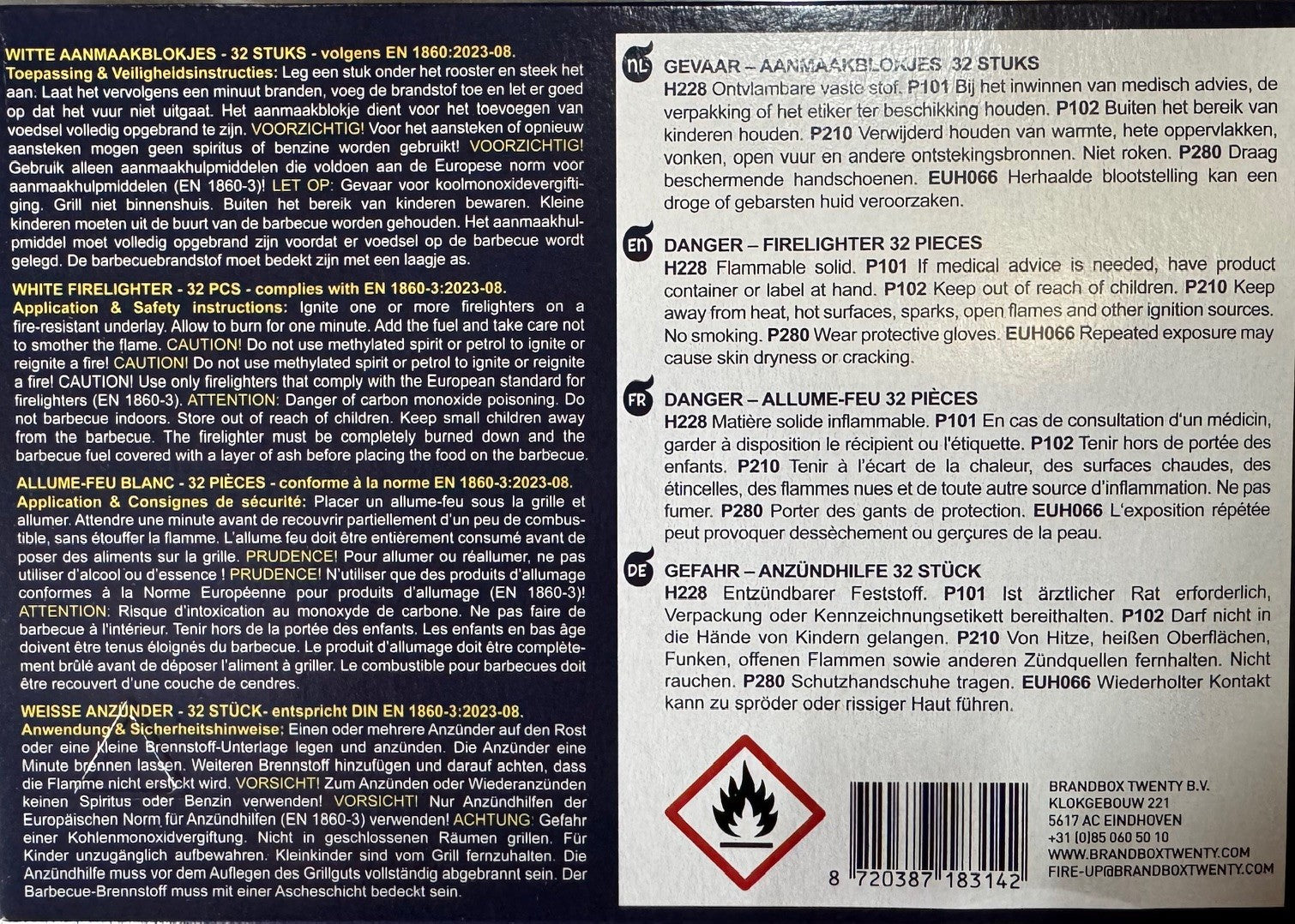 Achterzijde van witte aanmaakblokjes verpakking van Burning Boss, met specificaties en barcode