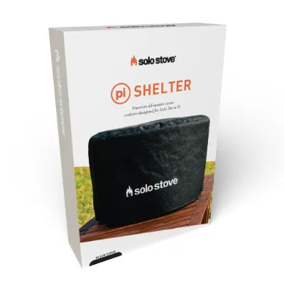 Beschermhoes voor Solo Stove pi pizzaoven, zwarte hoes op verpakking met Solo Stove-pi Shelter.
