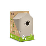 Verpakte beige vogelhuisje-doos met ronde ingang en Elho-logo
