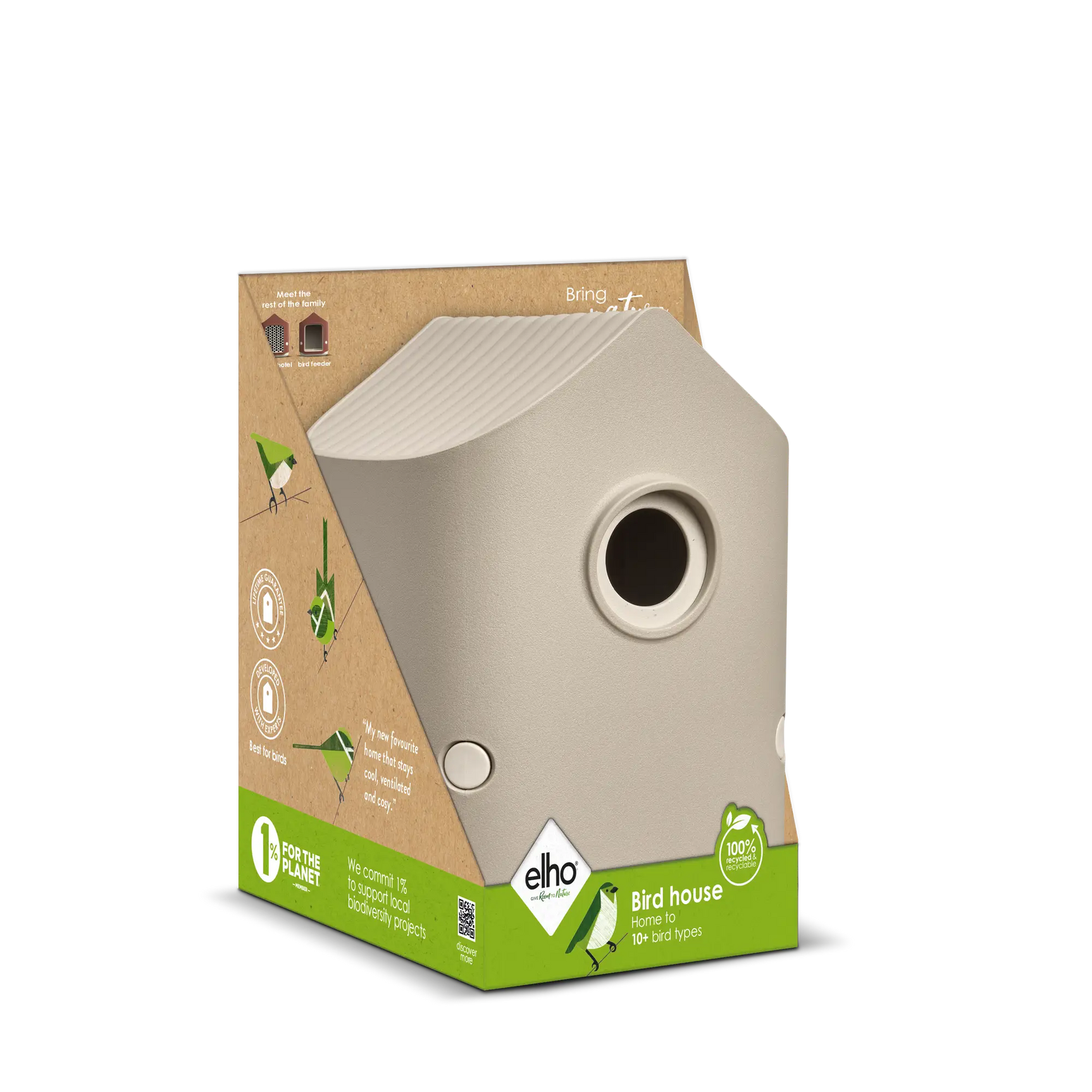 Verpakte beige vogelhuisje-doos met ronde ingang en Elho-logo