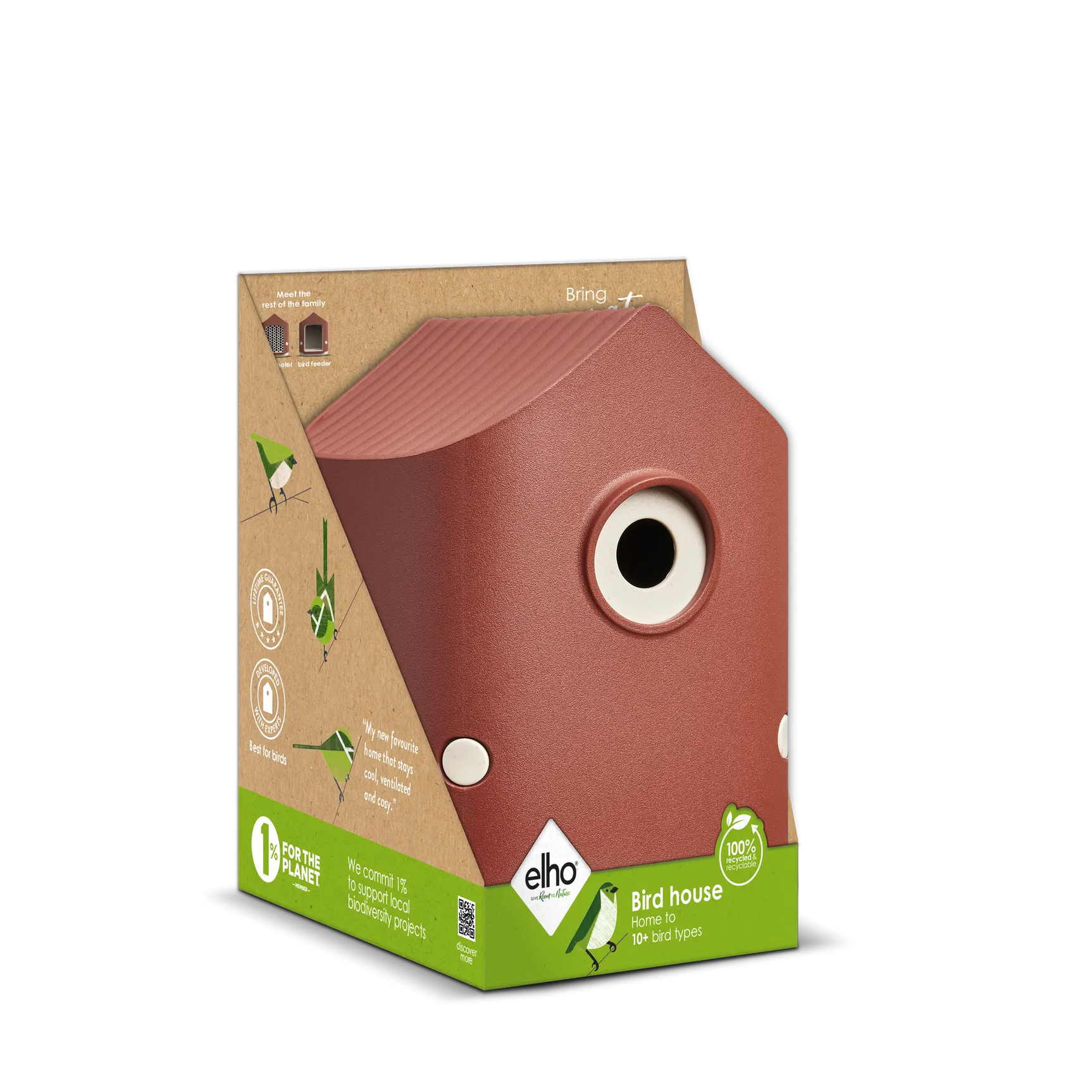 Verpakt rood vogelhuis met rond invlieggat en merk elho op de doos.