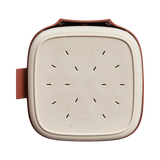 Rood vogelhuisdeksel met witte perforaties en elho-opdruk.
