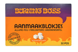 Witte aanmaakblokjes verpakking van Burning Boss, 32 stuks, met blokjes-illustratie
