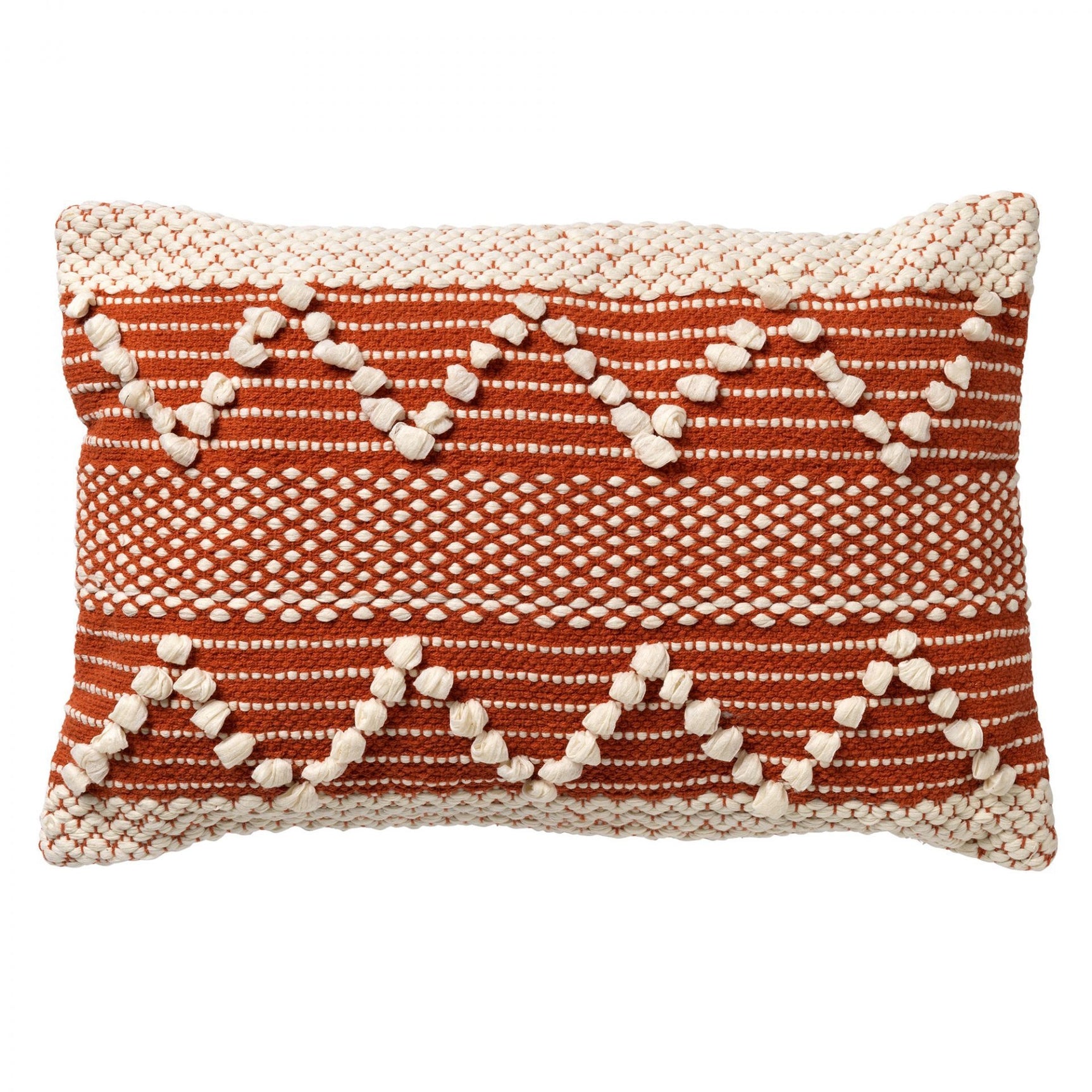 Rechthoekig sierkussen 40x60 cm met roodbruin jacquard en witte pompons