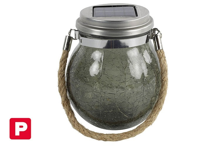 Zonne-LED-lamp Viggo grijs met glazen bol en touwbeugel, cilindrisch lampgedeelte