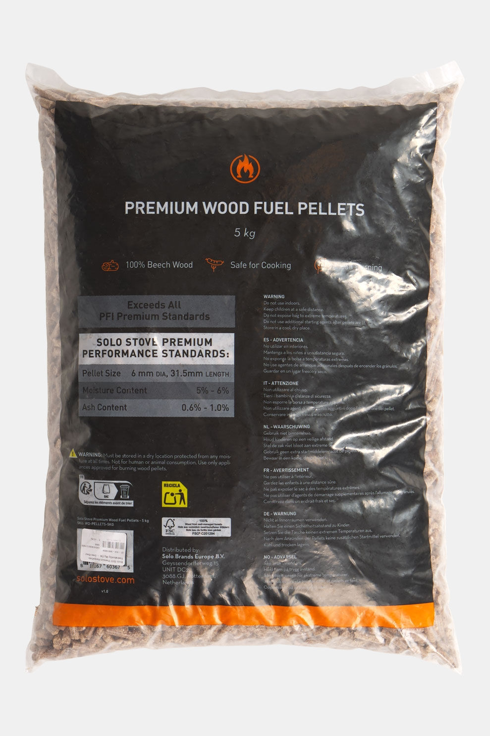Solo Stove zak premium houtpellets van 5 kg, bedrukte achterkant met instructies