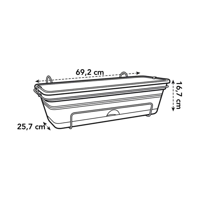 Balkonbak met afmetingen: 69,2 cm breed, 25,7 cm diep, 16,7 cm hoog